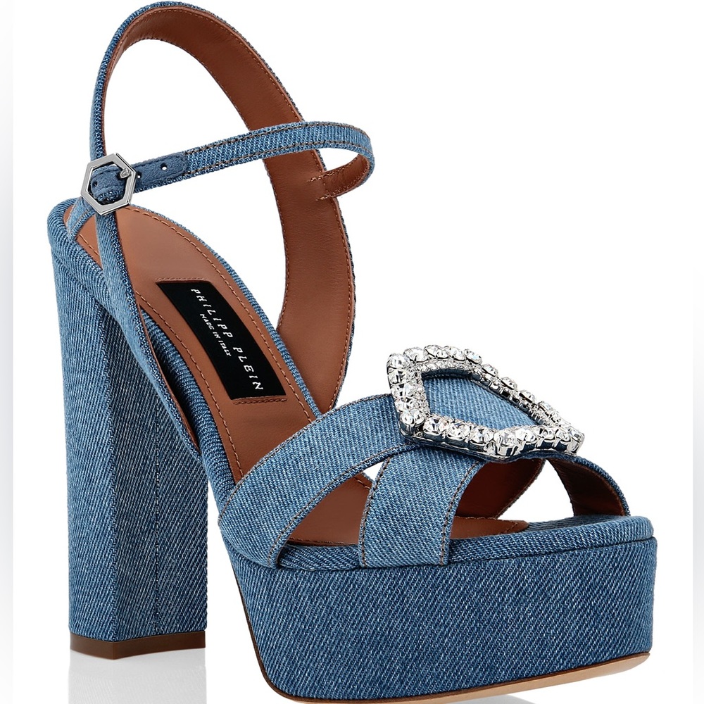 Philipp Plein Denim Blue Platform Crystal Buckle Sandals